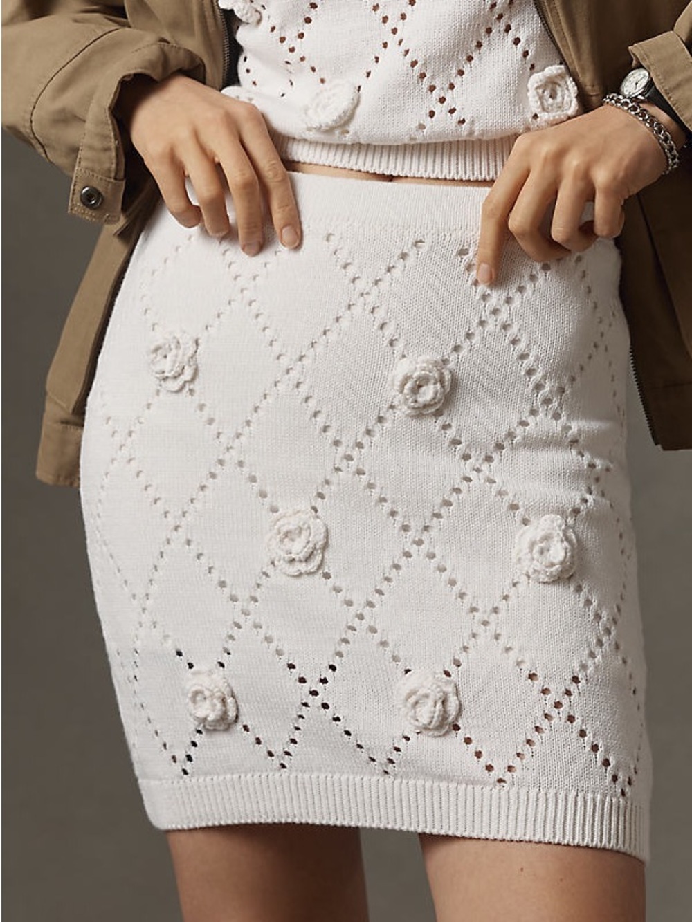 Anthropologie Coquette Maeve 3D Flower Knit Mini Skirt NWT L Ivory